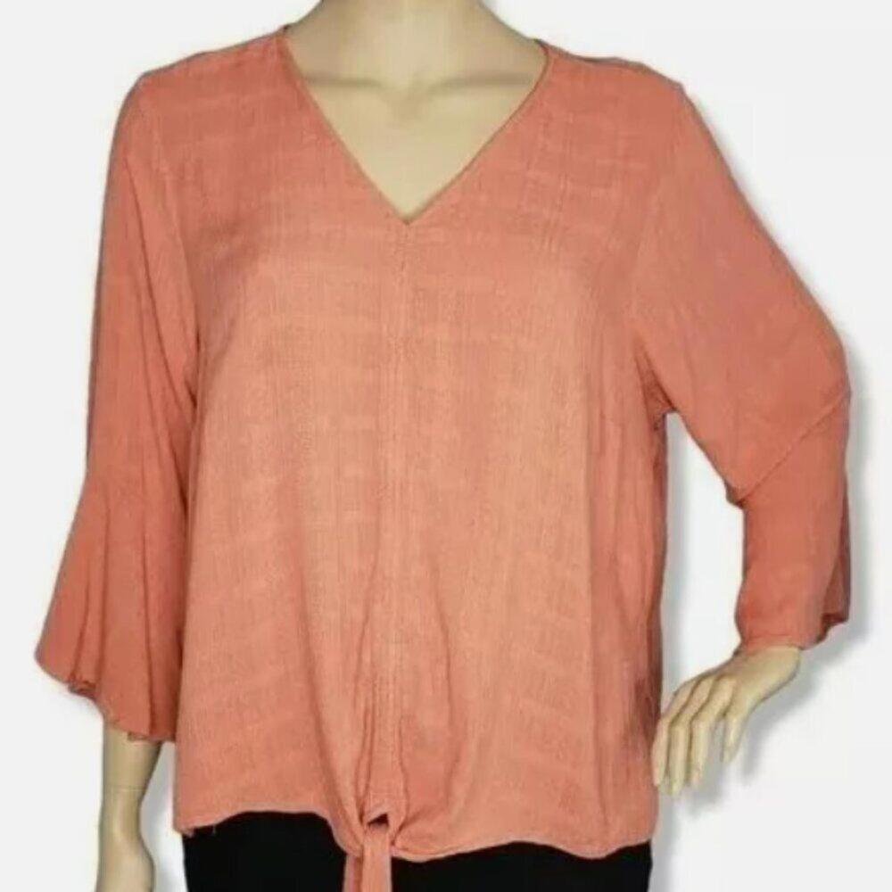 NWT Torrid Womens Blouse Large Coral V-Neck Bell Sleeves Top Knit Tie Front Boho